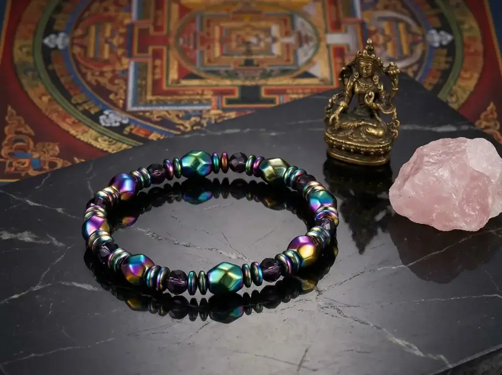 Pulsera energética de cristales para los chakras sobre mármol negro. Pulsera energética de cristal para los chakras sobre mármol negro.