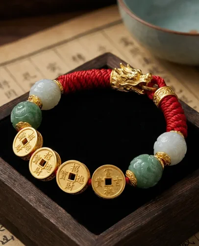 Feng shui dragon head jade bracelet with chinese coins red string wealth bracelet with carved jade beads & gold lucky coins for prosperity