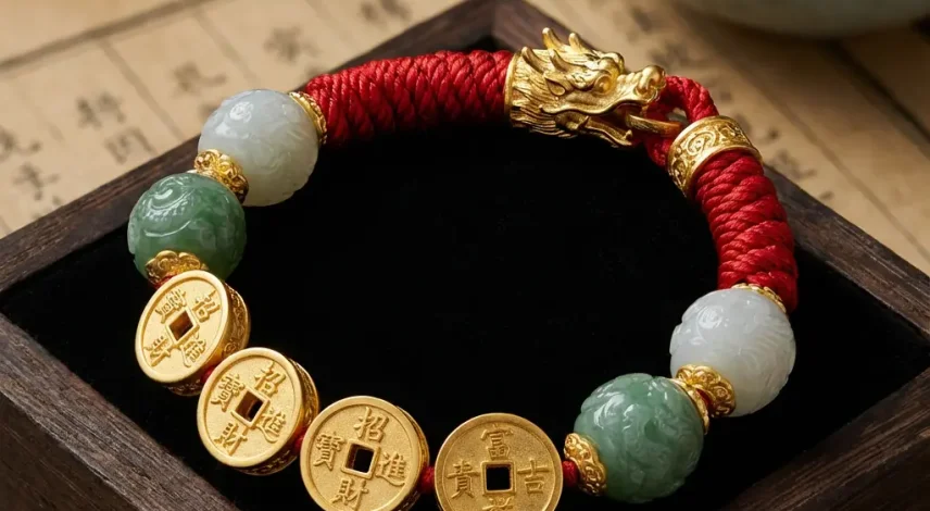 Feng shui dragon head jade bracelet with chinese coins red string wealth bracelet with carved jade beads & gold lucky coins for prosperity
