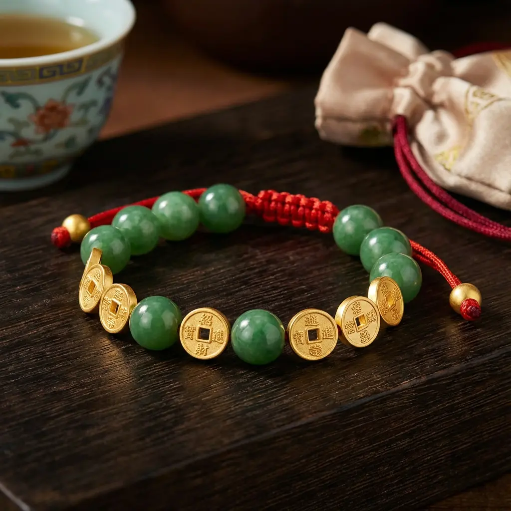 Green jade bead bracelet with chinese coins feng shui prosperity bracelet with hand knotted red cord & gold lucky coins