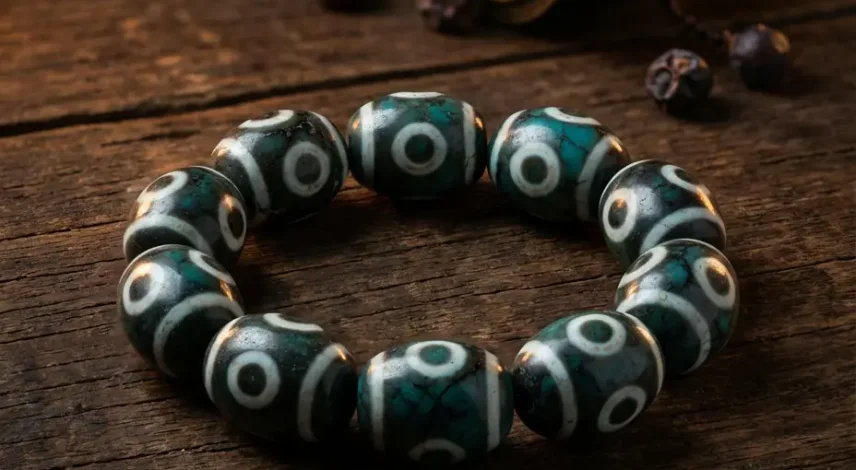 Green Turquoise Nine Eye Dzi Bracelet with Antique Prayer Wheel Green turquoise nine eye dzi bracelet with antique prayer wheel