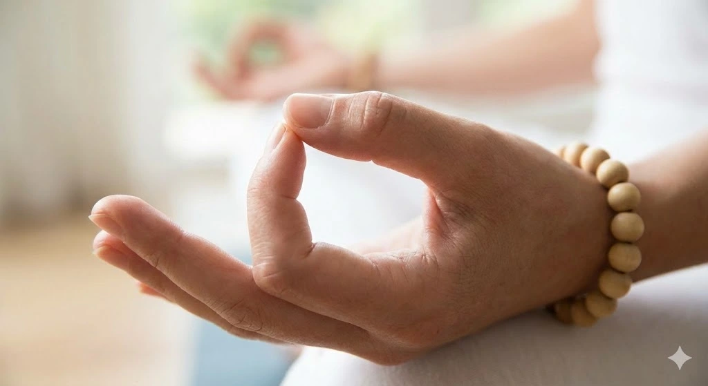 Gyan mudra meditation hand gesture with natural wood bead bracelet