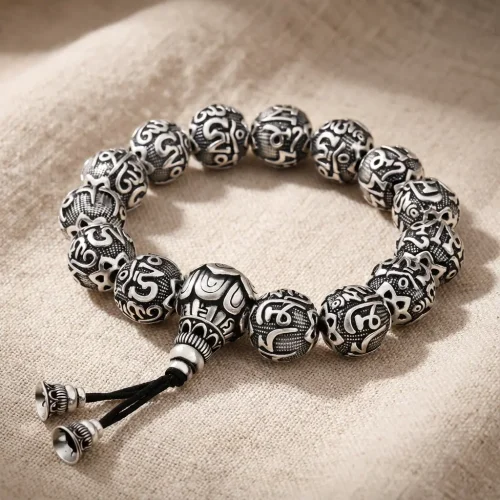 Handmade om mani padme hum silver bracelet buddhist meditation jewelry