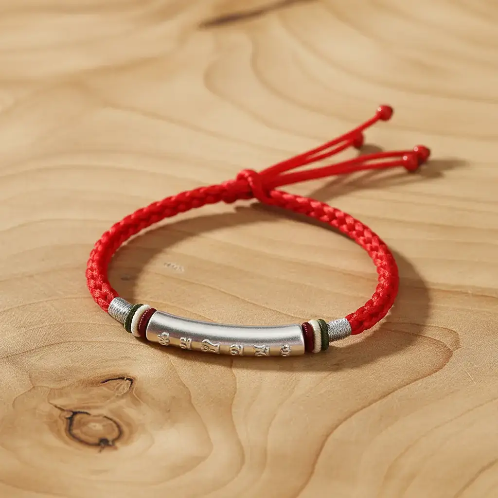 Handmade Red Cord Buddhist Mantra Bracelet - Natural Wood Background Detail Handmade red cord buddhist mantra bracelet natural wood background detail