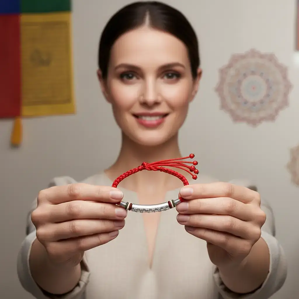 Handmade Red String Buddhist Mantra Bracelet - Front Display View Handmade red string buddhist mantra bracelet front display view