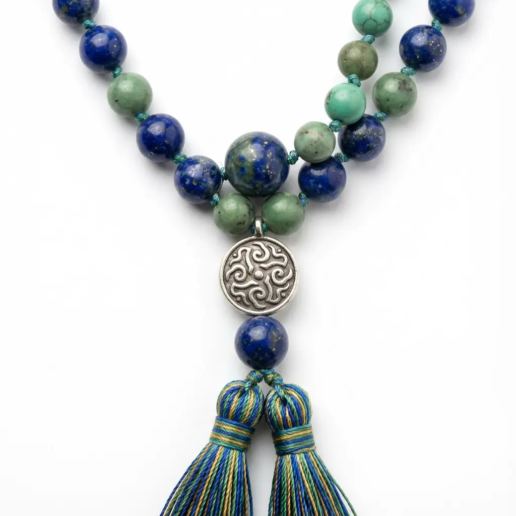 Lapis lazuli and green jade tibetan mala beads with silver cloud charm buddhist prayer necklace