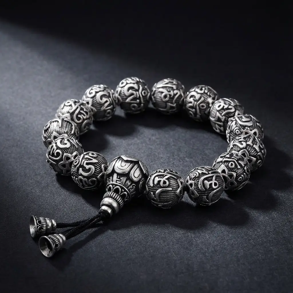 Luxury silver tibetan mantra bracelet om mani padme hum prayer beads