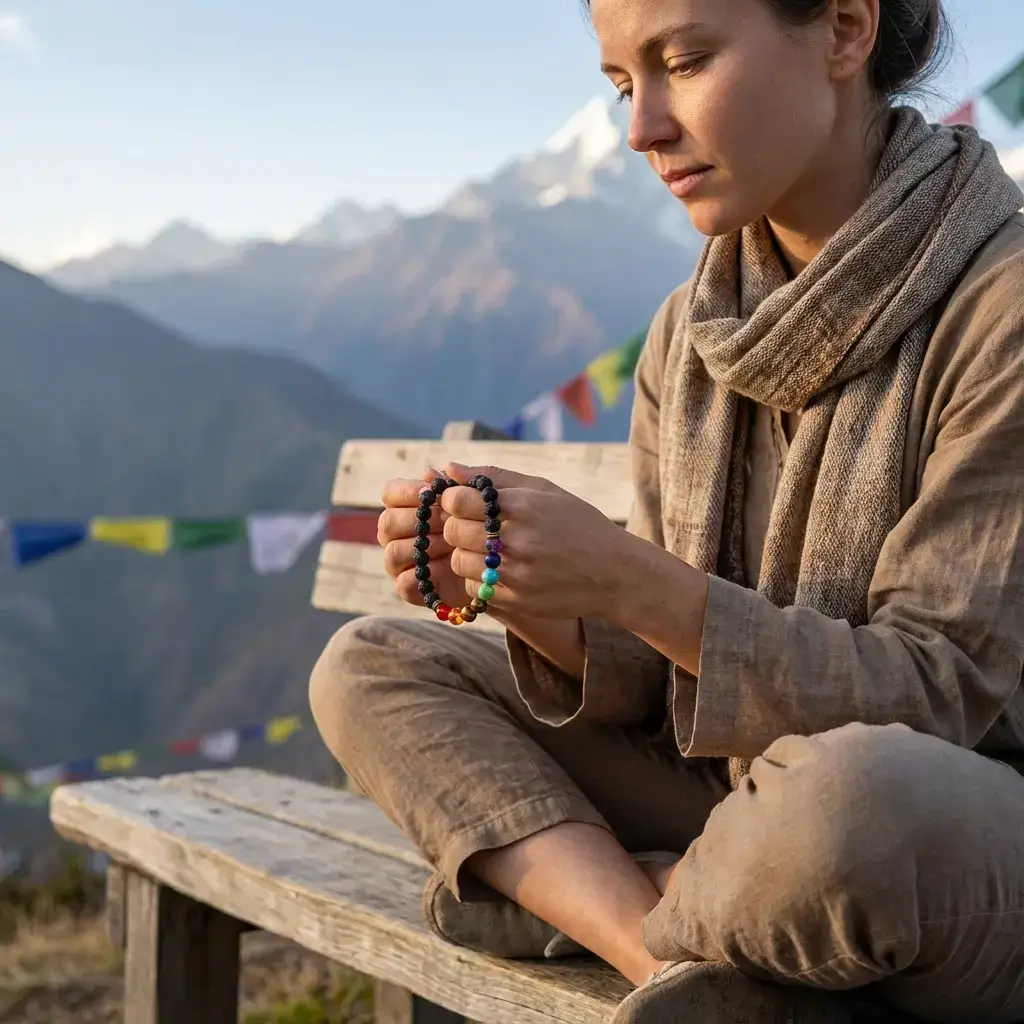 Mountain Top Meditation with Chakra Bracelet and Himalayan Scenery Mountain top meditation with chakra bracelet and himalayan scenery