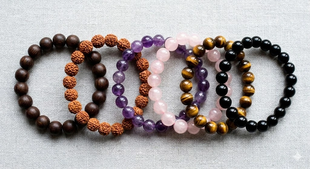 Natural crystal & wood mala bracelet collection healing stone spiritual jewelry