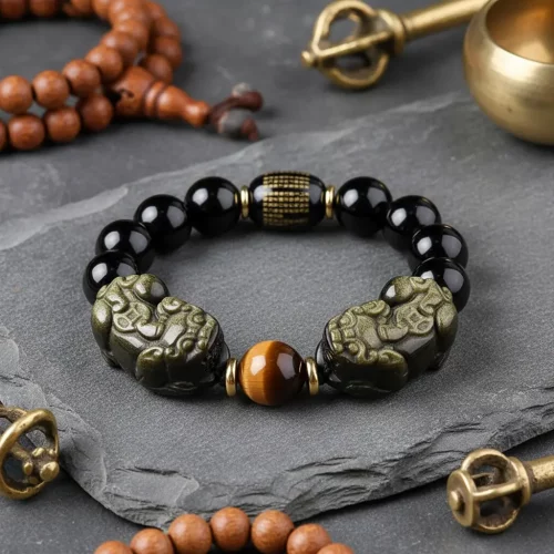 Natural gold sheen obsidian double pixiu bracelet with tiger eye accent close up side view