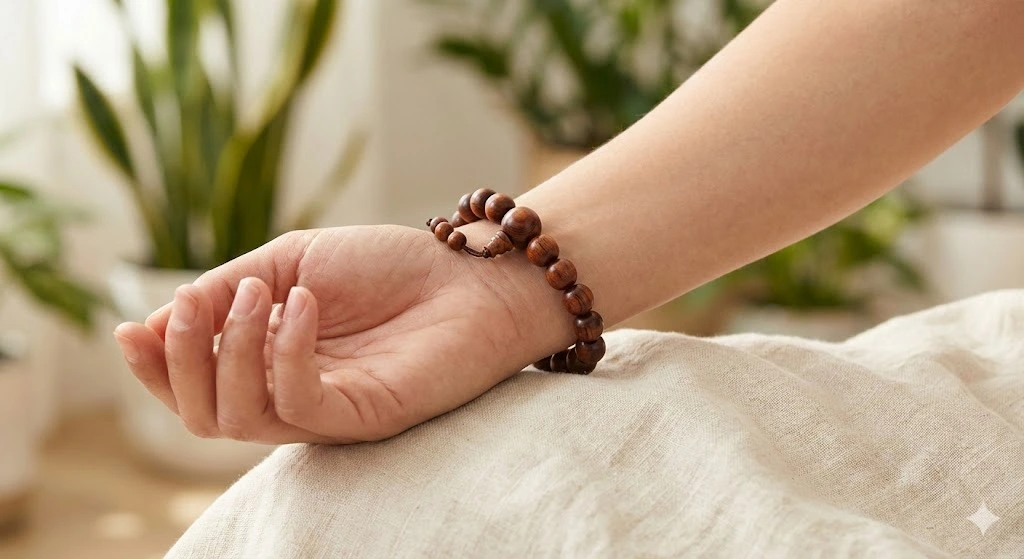 Natural sandalwood mala bracelet for meditation and mindfulness practice