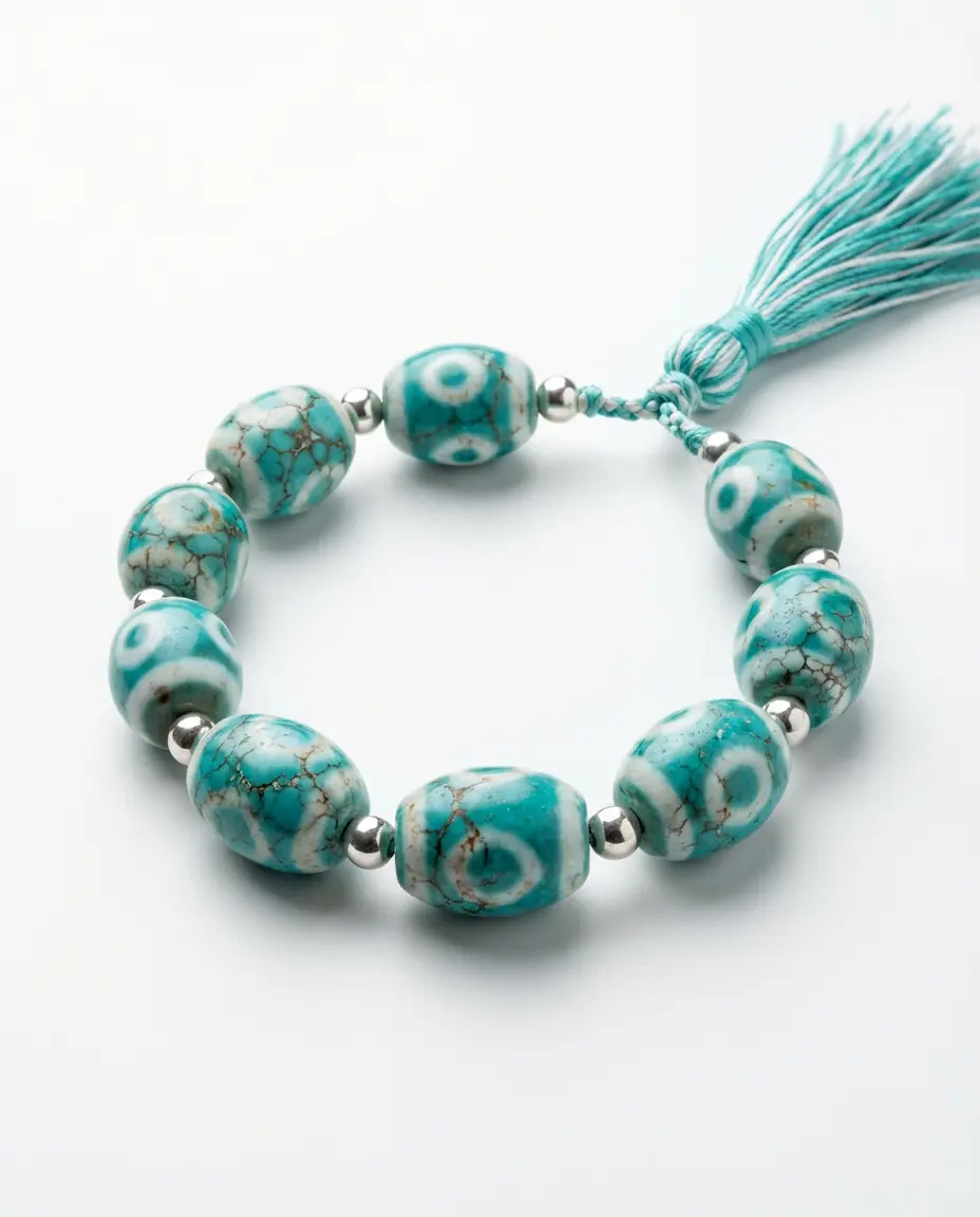 Nine eye turquoise dzi bead bracelet with tassel tibetan prayer mala