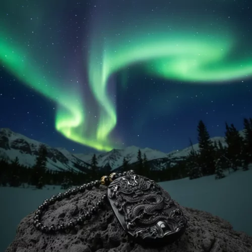 Obsidian dragon pendant under aurora borealis