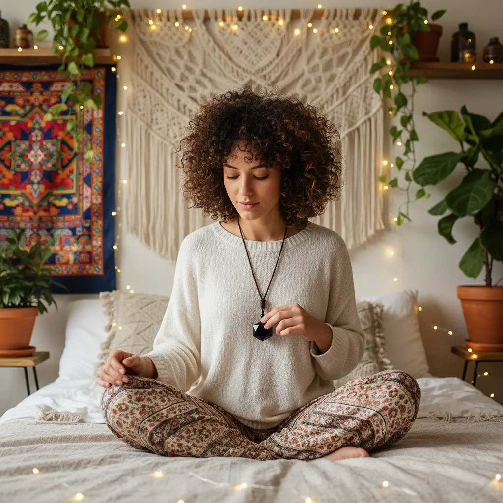 Obsidian Energy Crystal Necklace Boho Bedroom Lifestyle Obsidian energy crystal necklace boho bedroom lifestyle