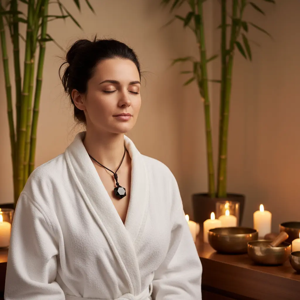 Obsidian Healing Necklace Spa Wellness Relaxation Scene Obsidian healing necklace spa wellness relaxation scene