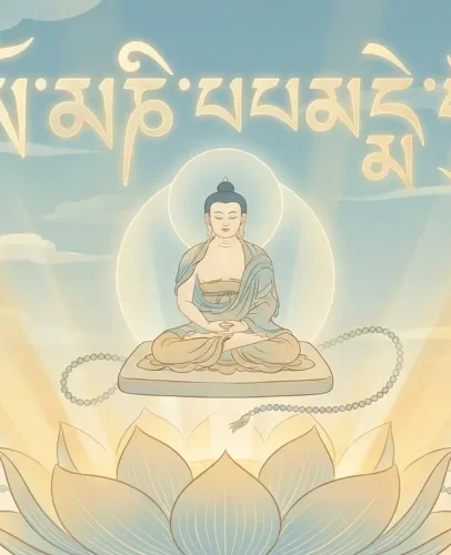 Om mani padme hum in tibetan script buddha meditation art