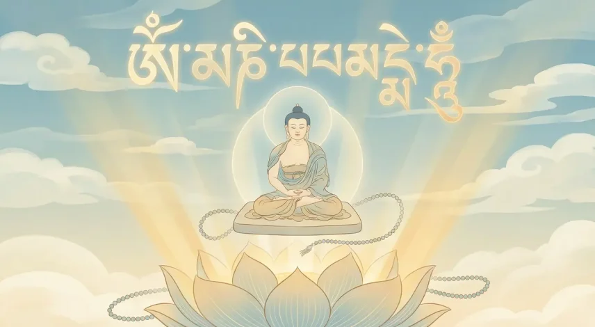 Om mani padme hum in tibetan script buddha meditation art