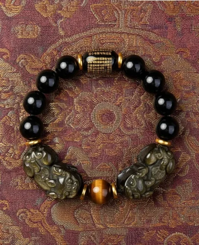 Premium Natural Gold Obsidian Pixiu Wealth Protection Bracelet - Main Product Shot Premium Natural Gold Obsidian Pixiu Wealth Protection Bracelet - Main Product Shot