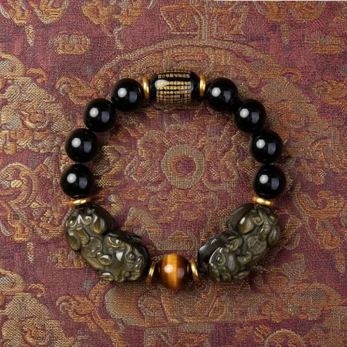 Double Pixiu Gold Obsidian Bracelet | Feng Shui Wealth