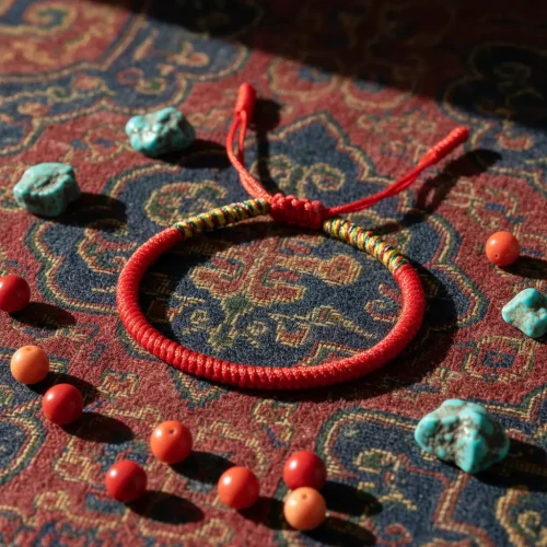 Red protection bracelet on authentic tibetan textile alternative