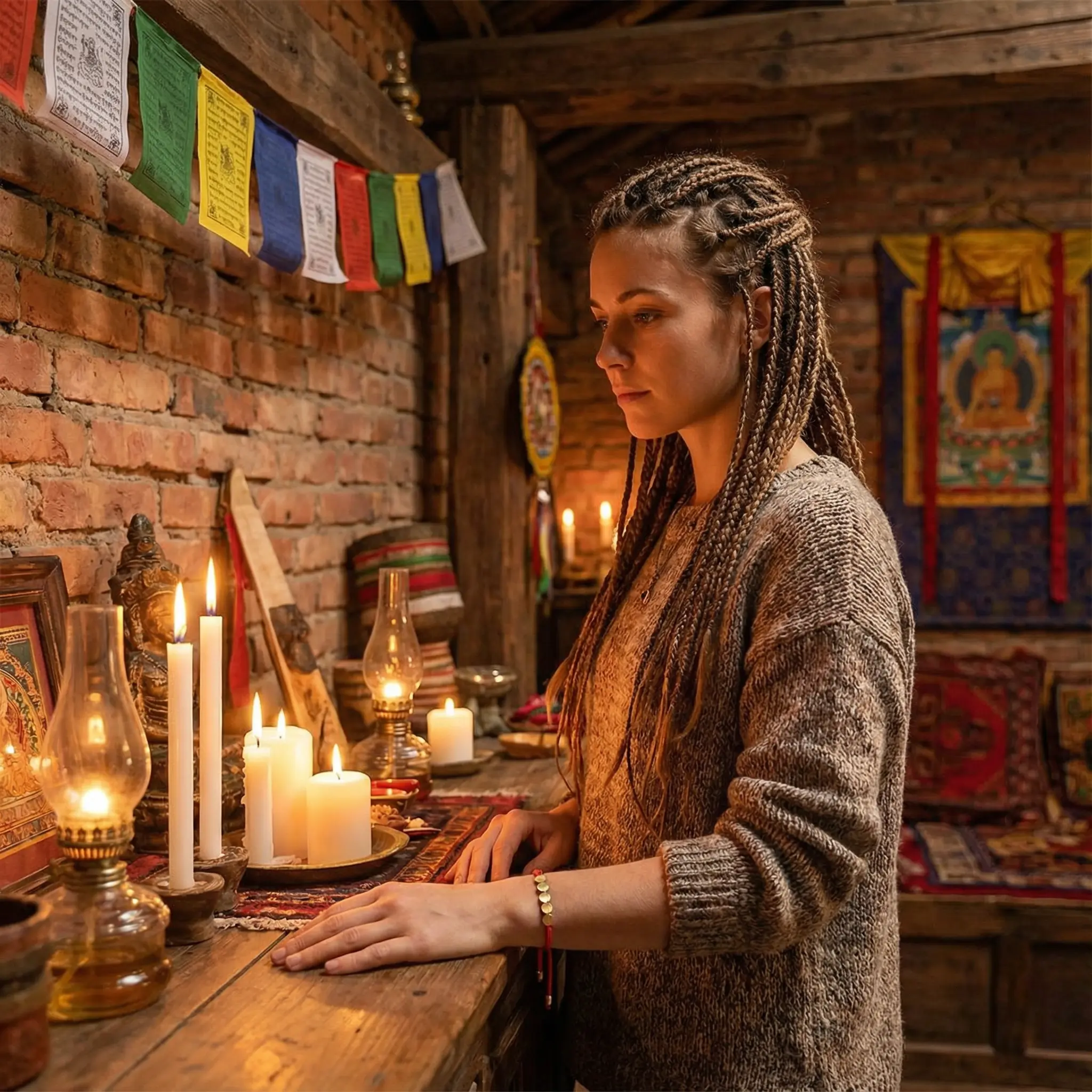 Red String Buddhist Bracelet - Traditional Tibetan Prayer Room Setting Red string buddhist bracelet traditional tibetan prayer room setting