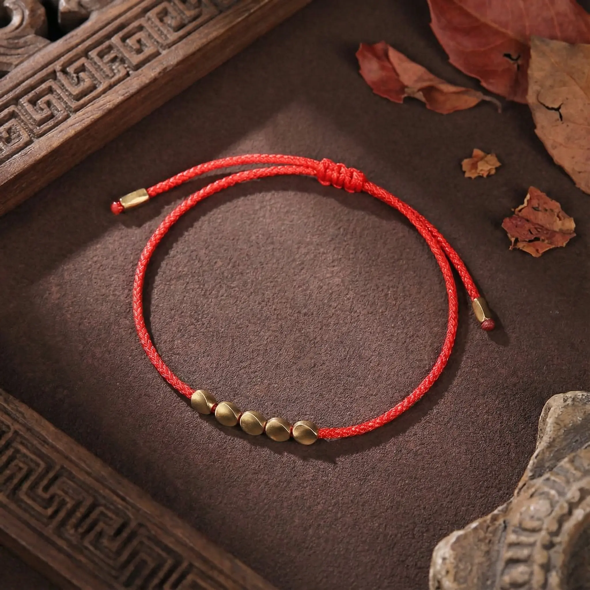 Red String Buddhist Bracelet with Copper Beads - Traditional Tibetan Design Red string buddhist bracelet with copper beads traditional tibetan design