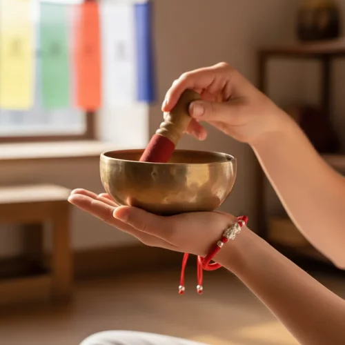 Red string dragon bracelet with singing bowl in meditation space