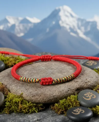 Red tibetan lucky rope bracelet on sacred stone mountain background alternative
