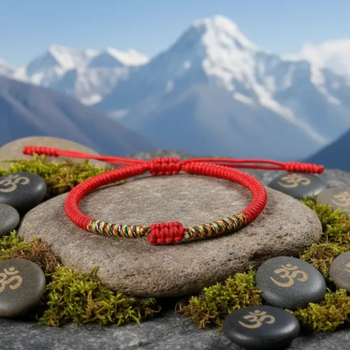 Red tibetan lucky rope bracelet on sacred stone mountain background alternative