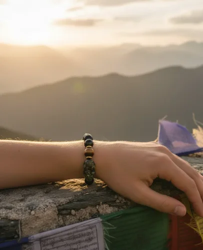 Serene Gold Sheen Obsidian Pixiu Bracelet on Wooden Surface with Moss