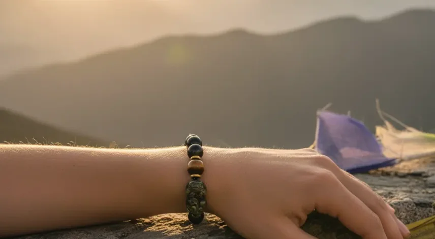 Serene Gold Sheen Obsidian Pixiu Bracelet on Wooden Surface with Moss