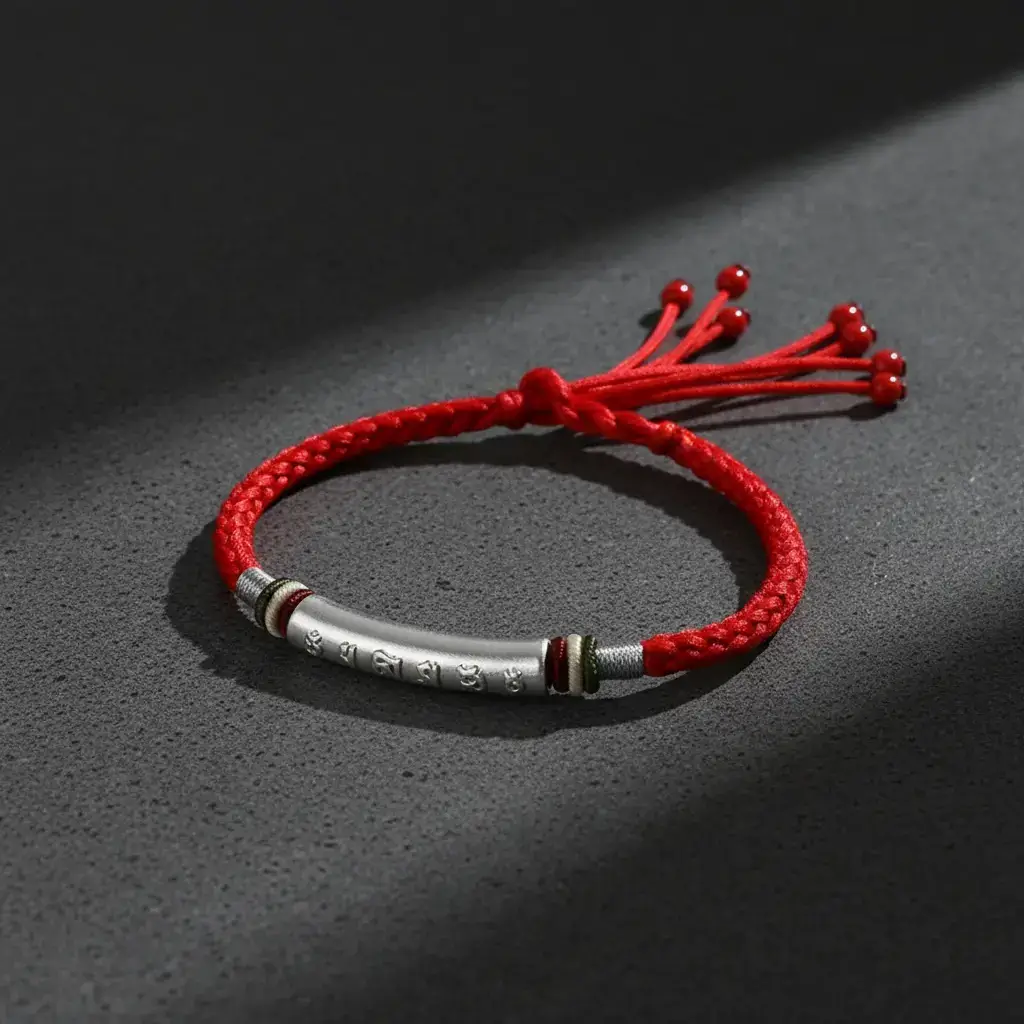 Six Words Mantra Red String Bracelet - Modern Concrete Background Display Six words mantra red string bracelet modern concrete background display