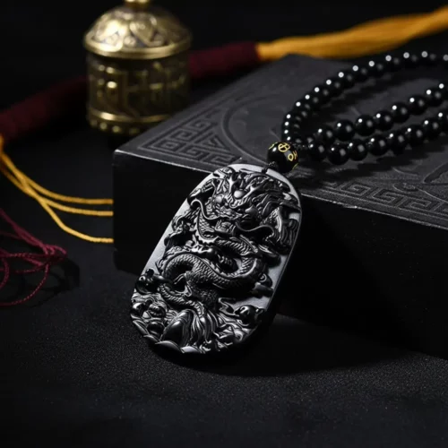 Tibetan black obsidian dragon necklace cultural display