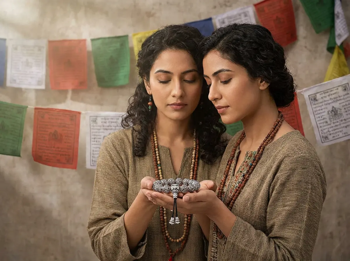 Tibetan buddhist prayer bracelet with traditional prayer flags spiritual jewelry