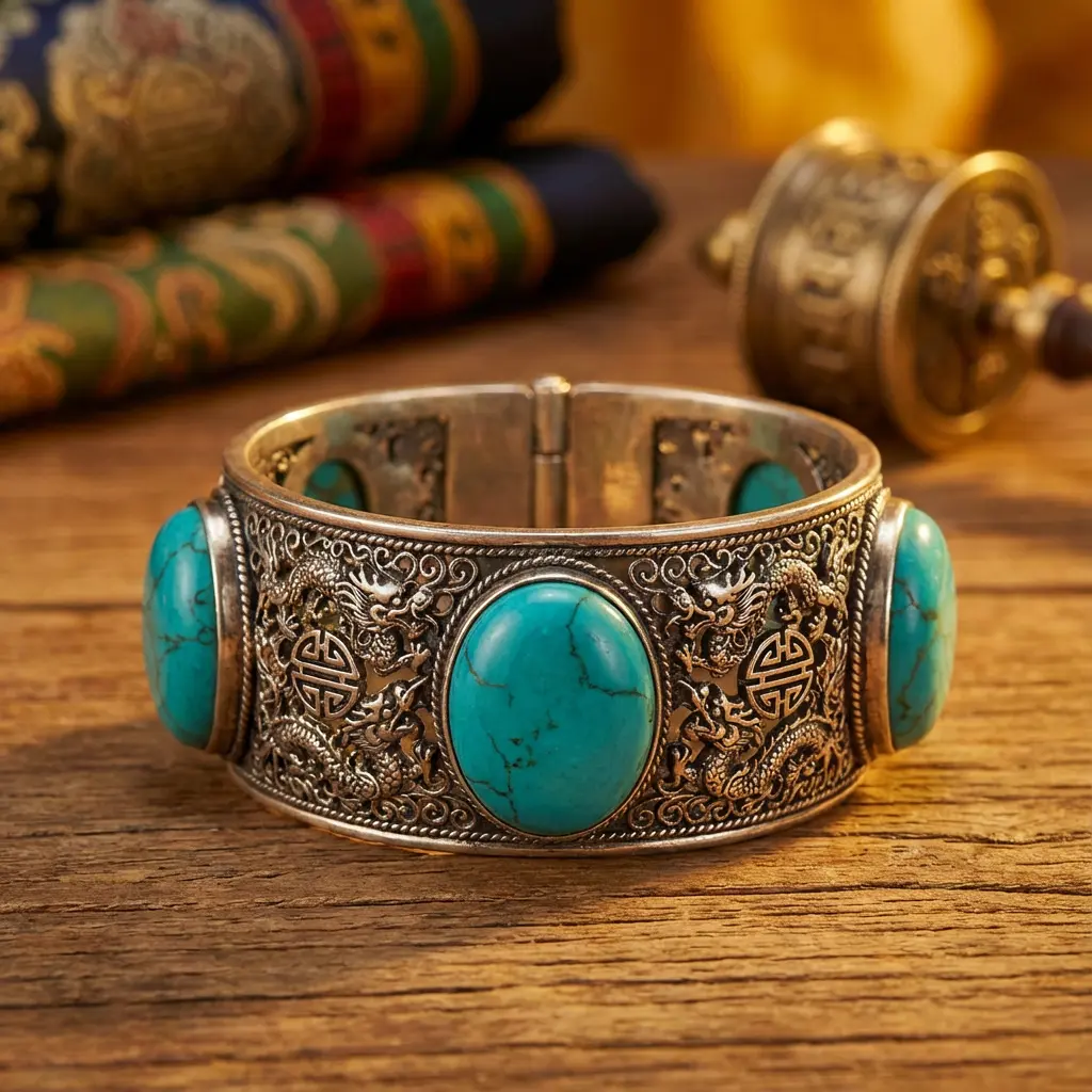 Tibetan double dragon silver bangle with natural turquoise and shou symbol traditional buddhist protection bracelet