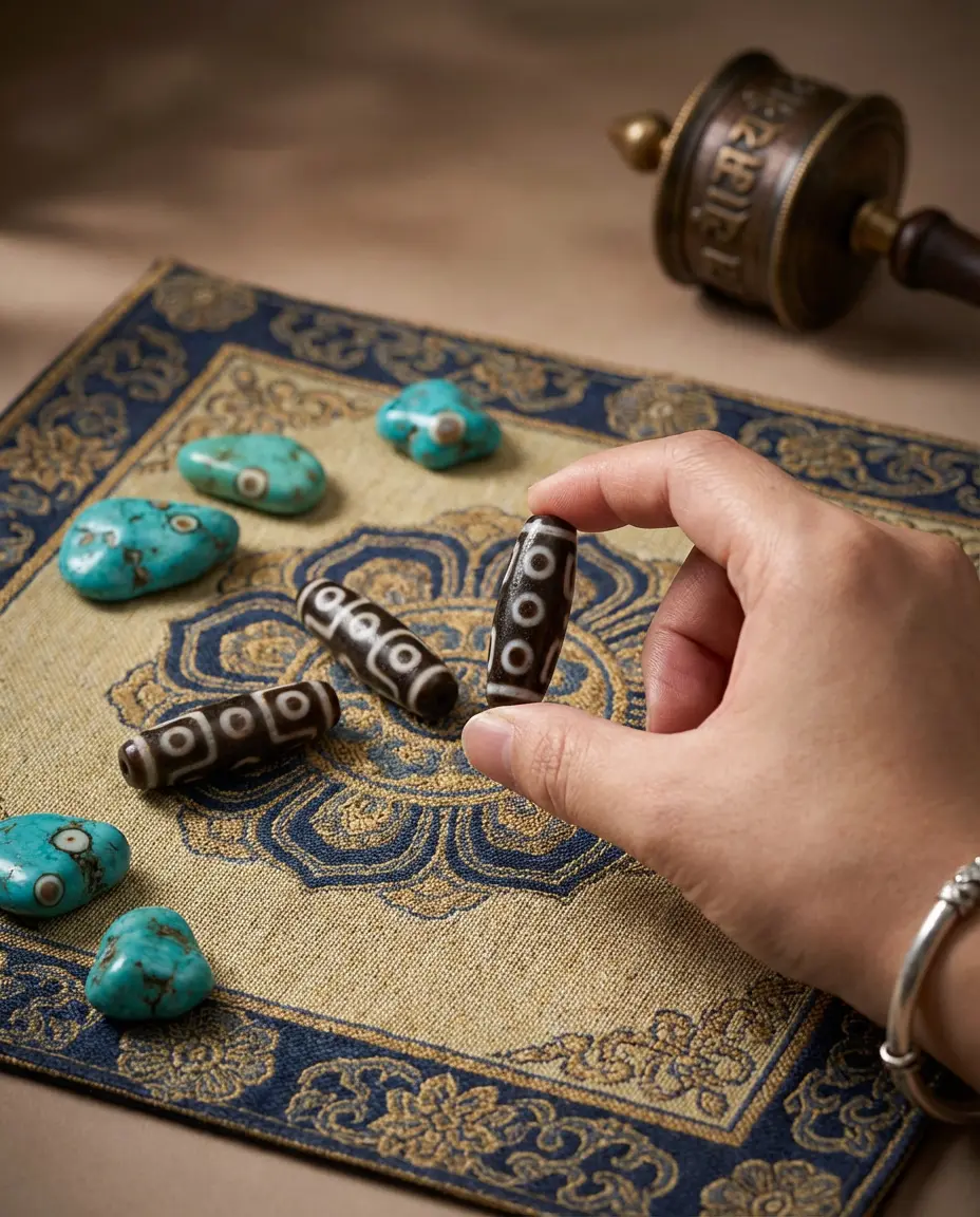Tibetan dzi beads collection with prayer wheel buddhist ritual display