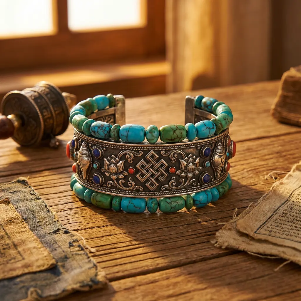 Tibetan endless knot silver bracelet with turquoise beads and lotus design buddhist auspicious symbol jewelry