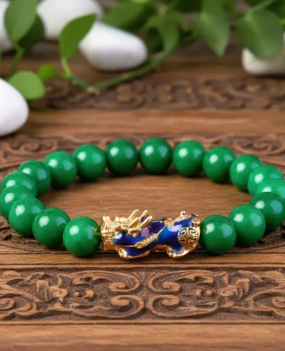 Tibetan Jade Pixiu Bracelet on Carved Wood Tibetan Jade Pixiu Bracelet on Carved Wood