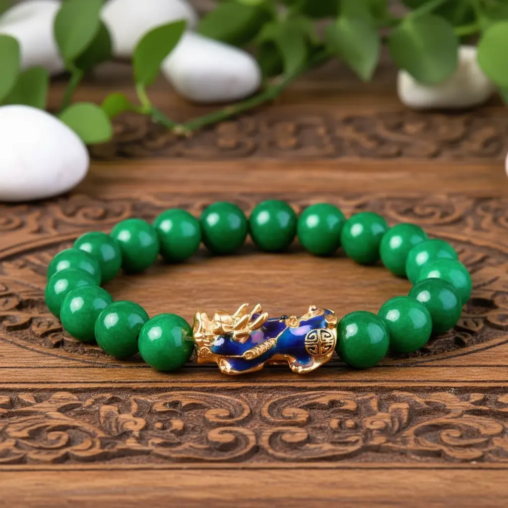 Tibetan Jade Pixiu Bracelet on Carved Wood Tibetan jade pixiu bracelet on carved wood