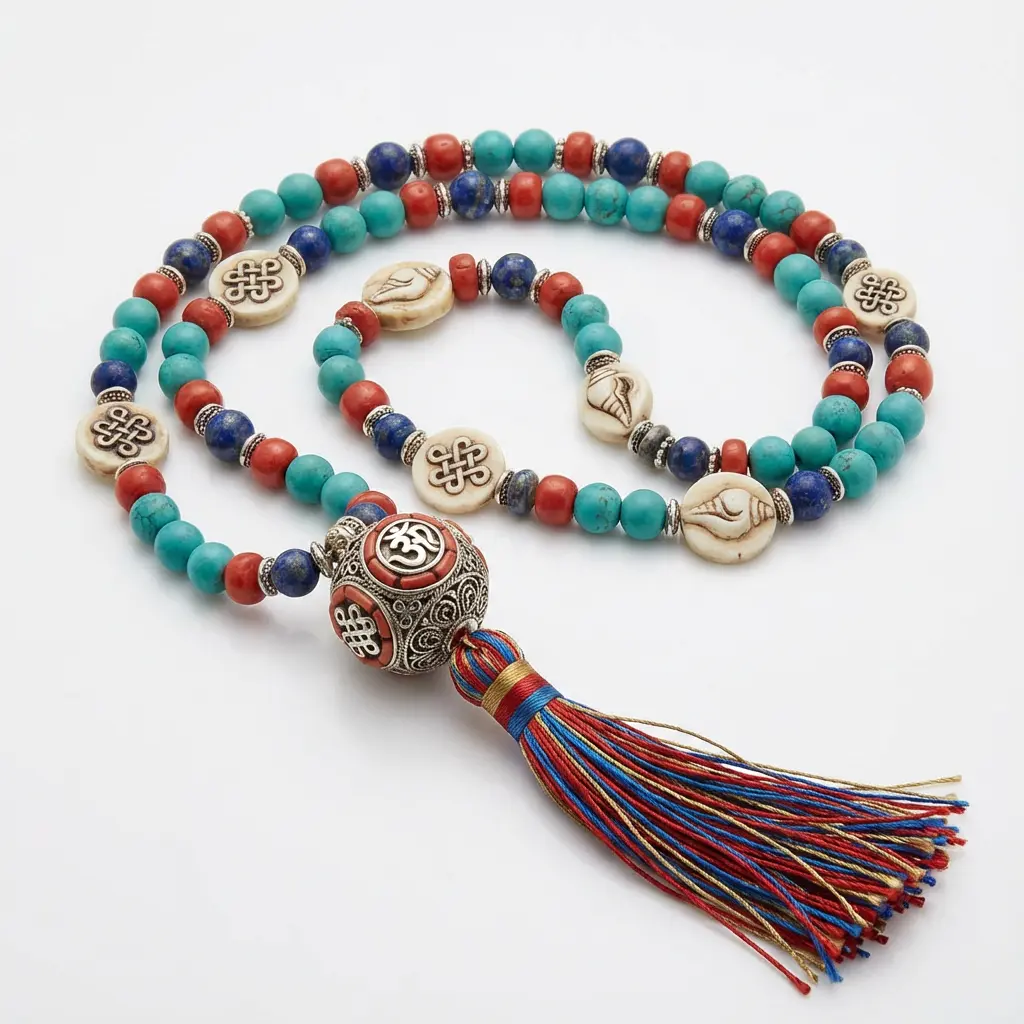 Tibetan mala necklace with turquoise, coral, lapis lazuli & endless knot beads 108 prayer beads