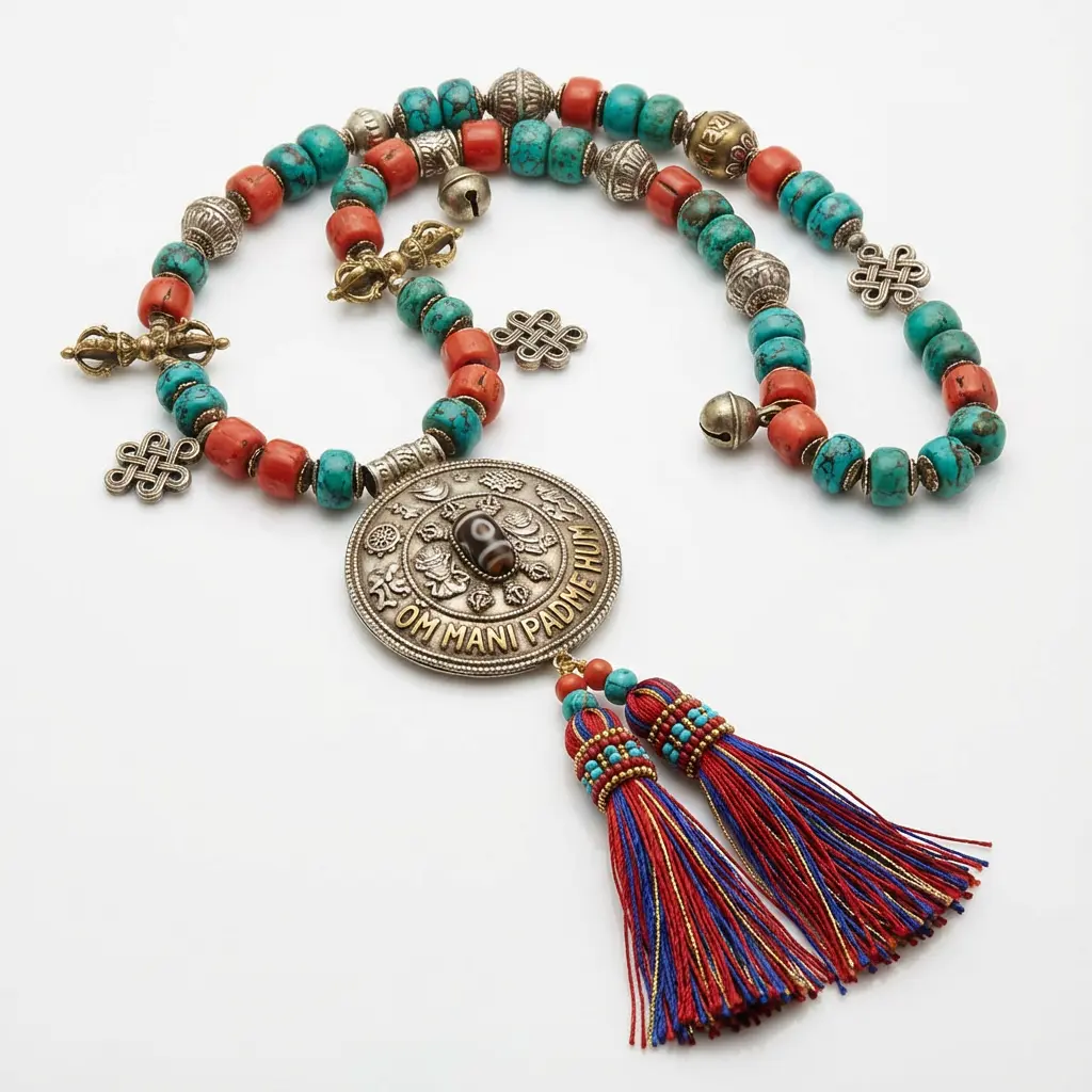 Tibetan om mani padme hum mala necklace with dzi bead, turquoise, coral & dorje charms