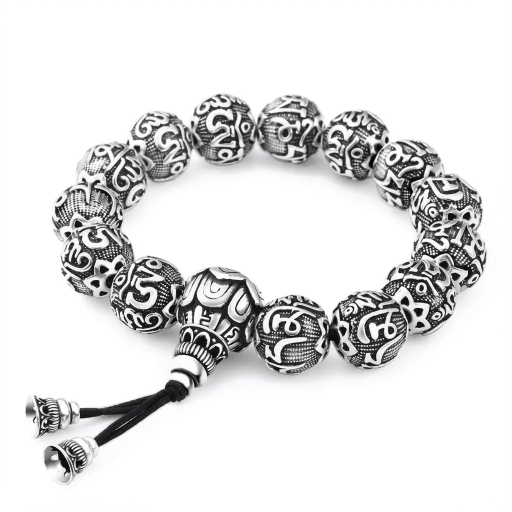 Tibetan Om Mani Padme Hum Sterling Silver Beaded Bracelet with Mantra Engraving Tibetan om mani padme hum sterling silver beaded bracelet with mantra engraving