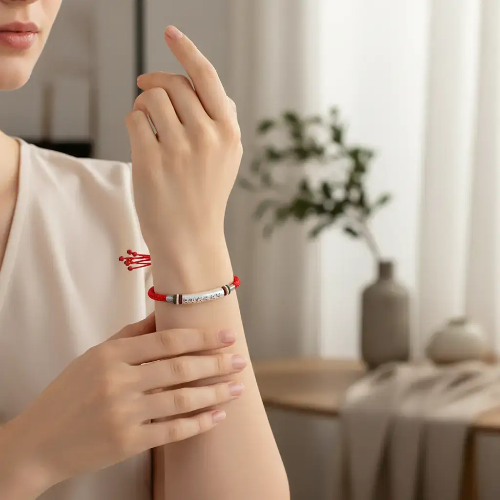 Tibetan Red String Bracelet with Six Words Mantra - Natural Home Setting Tibetan red string bracelet with six words mantra natural home setting