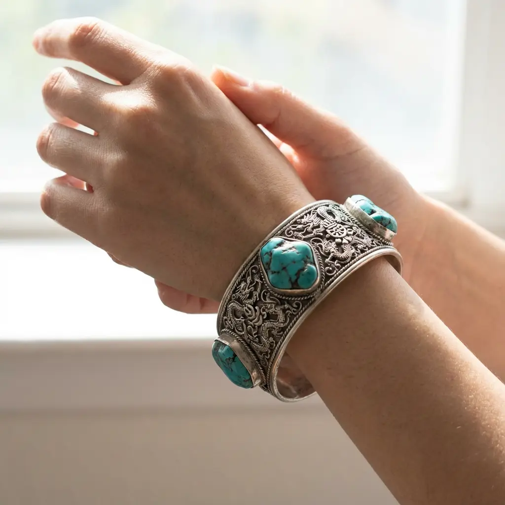 Tibetan silver cuff bracelet with natural turquoise stones and dragon motif handcrafted himalayan jewelry