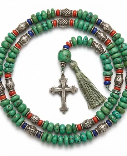 Tibetan turquoise mala necklace with silver eight auspicious symbols & cross pendant