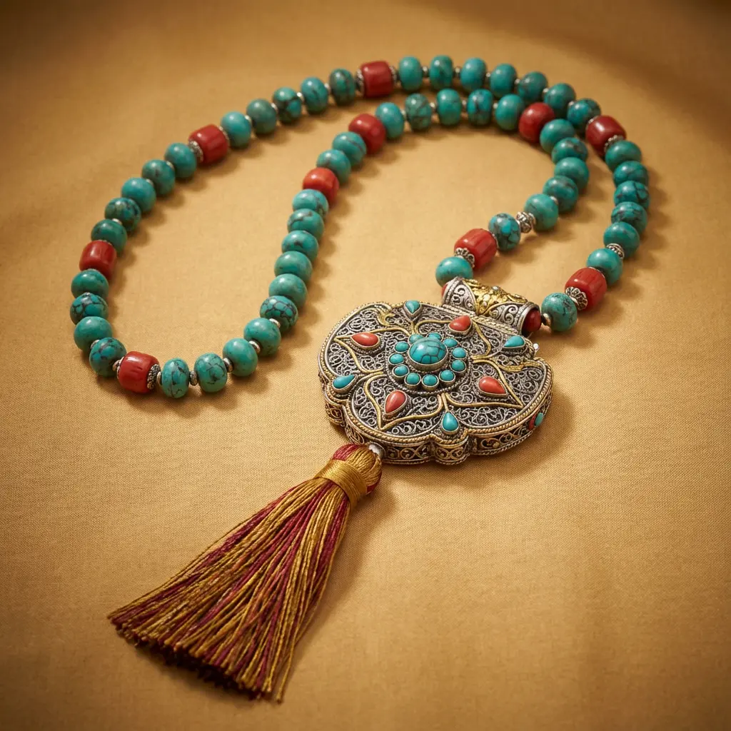 Tibetan turquoise mala necklace with sterling silver filigree gau box pendant