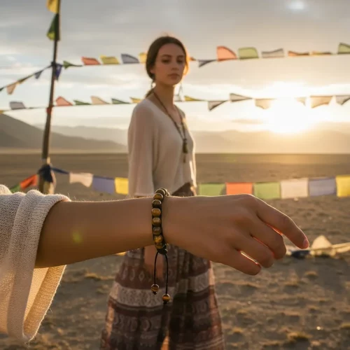 Close-up of hand wearing tiger eye bracelet with prayer flags at sunset on plateau