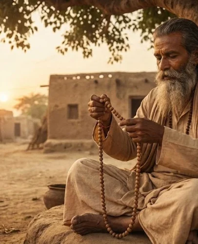 Traditional mala prayer beads meditation at sunset authentic buddhist practice