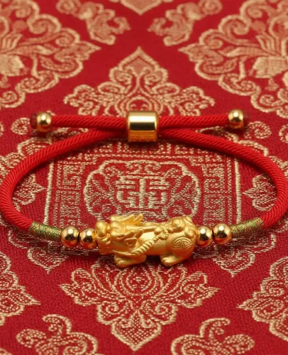 Traditional Pixiu Bracelet on Tibetan Brocade Fabric Background Traditional pixiu bracelet on tibetan brocade fabric background