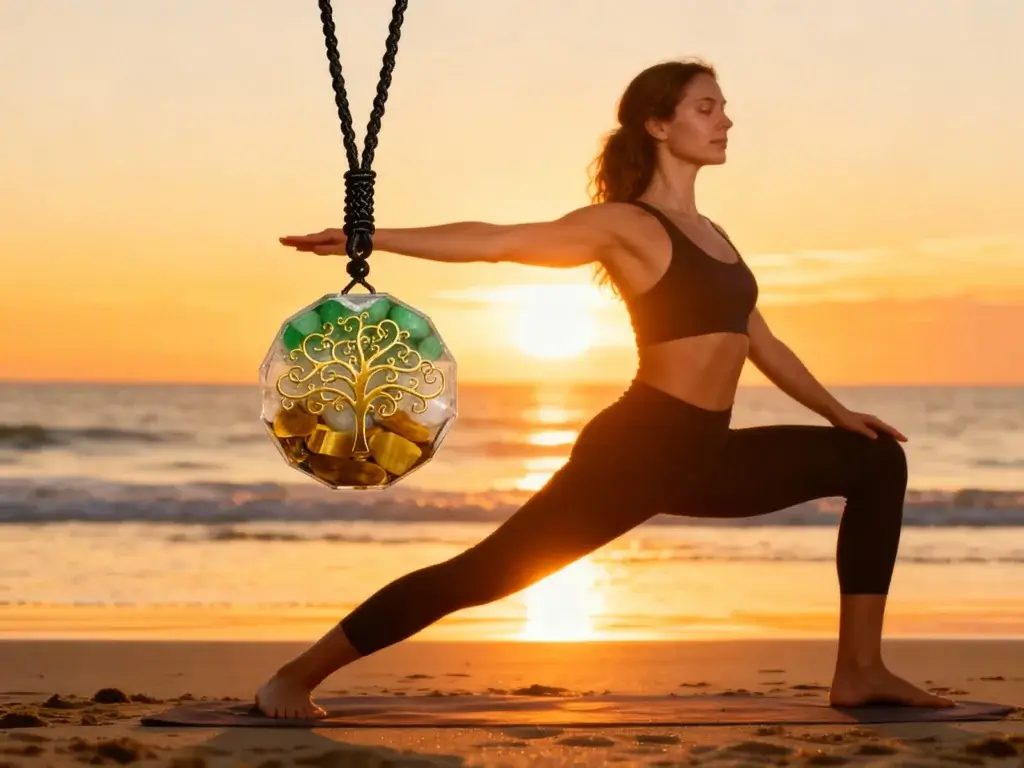 Tree of life pendant for yoga and meditation practice at sunset beach